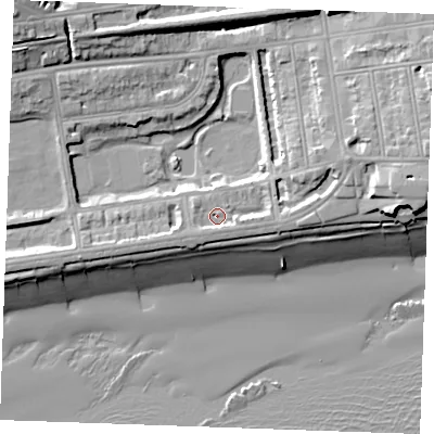 Shaded relief map of the ground around TN393HG, computed from Environment Agency LiDAR. The ground here sits at about 6 m above sea level and falls 19 m across the surrounding 800 m. Surface water reaching this point runs off ground lying to the east-north-east, 6.0 m higher.