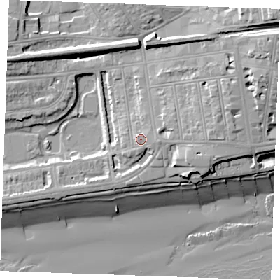 Shaded relief map of the ground around TN393HH, computed from Environment Agency LiDAR. The ground here sits at about 9 m above sea level and falls 23 m across the surrounding 800 m. Surface water reaching this point runs off ground lying to the east, 1.6 m higher.