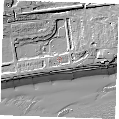 Shaded relief map of the ground around TN393HJ, computed from Environment Agency LiDAR. The ground here sits at about 6 m above sea level and falls 18 m across the surrounding 800 m. Surface water reaching this point runs off ground lying to the east-north-east, 6.9 m higher.