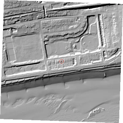 Shaded relief map of the ground around TN393HL, computed from Environment Agency LiDAR. The ground here sits at about 6 m above sea level and falls 22 m across the surrounding 800 m. Surface water reaching this point runs off ground lying to the east-north-east, 6.5 m higher.