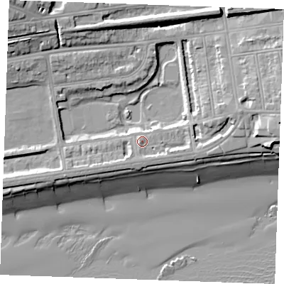 Shaded relief map of the ground around TN393HN, computed from Environment Agency LiDAR. The ground here sits at about 6 m above sea level and falls 21 m across the surrounding 800 m. Surface water reaching this point runs off ground lying to the east-north-east, 7.0 m higher.