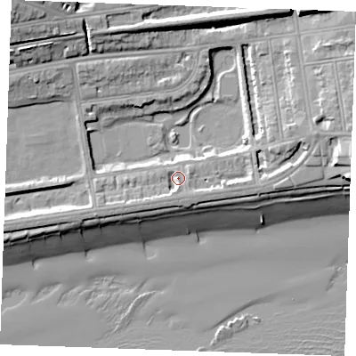 Shaded relief map of the ground around TN393HP, computed from Environment Agency LiDAR. The ground here sits at about 6 m above sea level and falls 21 m across the surrounding 800 m. Surface water reaching this point runs off ground lying to the east-north-east, 7.0 m higher.