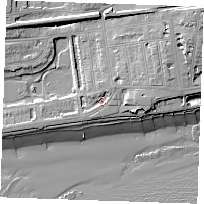 Shaded relief map of the ground around TN393HR, computed from Environment Agency LiDAR. The ground here sits at about 6 m above sea level and falls 21 m across the surrounding 800 m. Surface water reaching this point runs off ground lying to the north-east, 3.9 m higher.