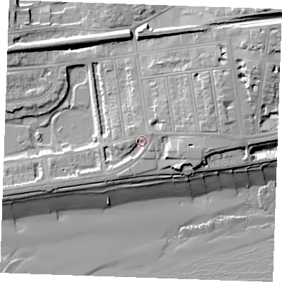 Shaded relief map of the ground around TN393HS, computed from Environment Agency LiDAR. The ground here sits at about 9 m above sea level and falls 23 m across the surrounding 800 m. Surface water reaching this point runs off ground lying to the north-east, 3.7 m higher.