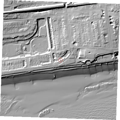 Shaded relief map of the ground around TN393HT, computed from Environment Agency LiDAR. The ground here sits at about 7 m above sea level and falls 20 m across the surrounding 800 m. Surface water reaching this point runs off ground lying to the north-east, 3.9 m higher.