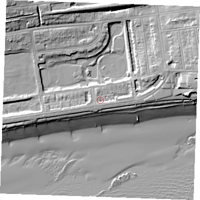 Shaded relief map of the ground around TN393HW, computed from Environment Agency LiDAR. The ground here sits at about 6 m above sea level and falls 19 m across the surrounding 800 m. Surface water reaching this point runs off ground lying to the east, 2.4 m higher.