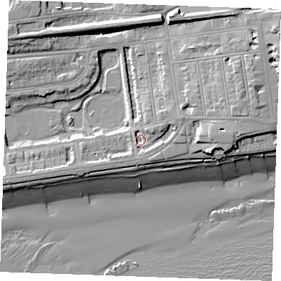 Shaded relief map of the ground around TN393HX, computed from Environment Agency LiDAR. The ground here sits at about 5 m above sea level and falls 19 m across the surrounding 800 m. Surface water reaching this point runs off ground lying to the east-north-east, 5.4 m higher.