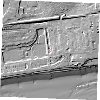 Shaded relief map of the ground around TN393HZ, computed from Environment Agency LiDAR. The ground here sits at about 5 m above sea level and falls 20 m across the surrounding 800 m. Surface water reaching this point runs off ground lying to the east, 6.9 m higher.