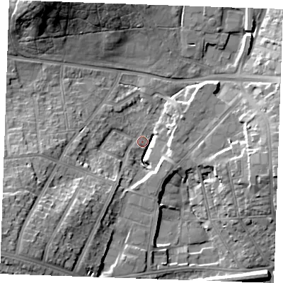 Shaded relief map of the ground around TN393PL, computed from Environment Agency LiDAR. The ground here sits at about 6 m above sea level and falls 20 m across the surrounding 800 m. Surface water reaching this point runs off ground lying to the south-west, 14.7 m higher.