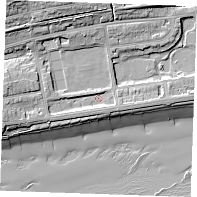 Shaded relief map of the ground around TN393YA, computed from Environment Agency LiDAR. The ground here sits at about 5 m above sea level and falls 22 m across the surrounding 800 m. Surface water reaching this point runs off ground lying to the west, 6.3 m higher.
