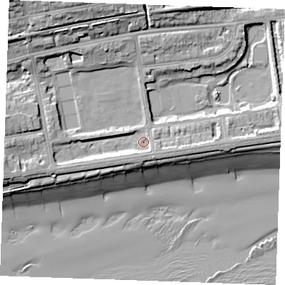 Shaded relief map of the ground around TN393YB, computed from Environment Agency LiDAR. The ground here sits at about 5 m above sea level and falls 21 m across the surrounding 800 m. Surface water reaching this point runs off ground lying to the west, 5.1 m higher.