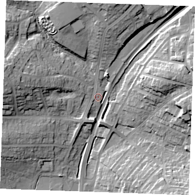 Shaded relief map of the ground around TN394AS, computed from Environment Agency LiDAR. The ground here sits at about 15 m above sea level and falls 24 m across the surrounding 800 m. Surface water reaching this point runs off ground lying to the west-north-west, 20.0 m higher.