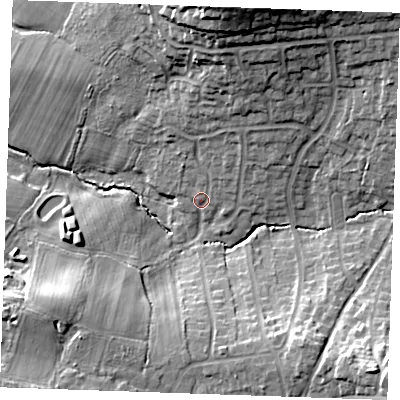 Shaded relief map of the ground around TN394ET, computed from Environment Agency LiDAR. The ground here sits at about 9 m above sea level and falls 24 m across the surrounding 800 m. Surface water reaching this point runs off ground lying to the north, 20.1 m higher.