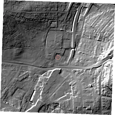Shaded relief map of the ground around TN394HS, computed from Environment Agency LiDAR. The ground here sits at about 8 m above sea level and falls 34 m across the surrounding 800 m. Surface water reaching this point runs off ground lying to the north-west, 18.3 m higher.