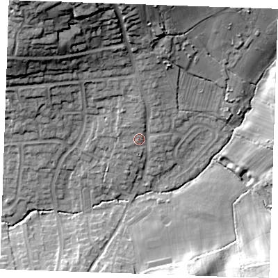 Shaded relief map of the ground around TN394NS, computed from Environment Agency LiDAR. The ground here sits at about 14 m above sea level and falls 31 m across the surrounding 800 m. Surface water reaching this point runs off ground lying to the north, 17.3 m higher.