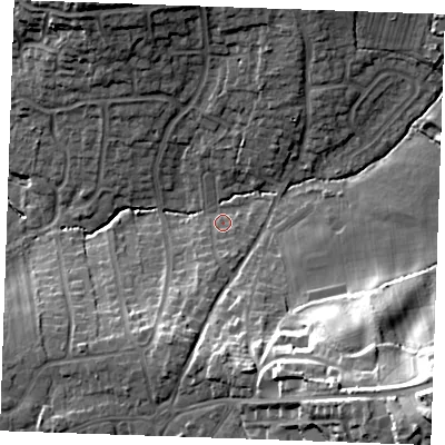 Shaded relief map of the ground around TN394PF, computed from Environment Agency LiDAR. The ground here sits at about 10 m above sea level and falls 38 m across the surrounding 800 m. Surface water reaching this point runs off ground lying to the south-east, 27.7 m higher.