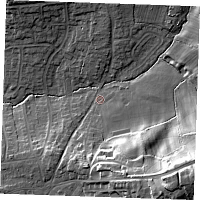 Shaded relief map of the ground around TN394PG, computed from Environment Agency LiDAR. The ground here sits at about 11 m above sea level and falls 39 m across the surrounding 800 m. Surface water reaching this point runs off ground lying to the south-south-east, 24.8 m higher.