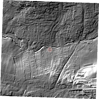 Shaded relief map of the ground around TN394PP, computed from Environment Agency LiDAR. The ground here sits at about 8 m above sea level and falls 32 m across the surrounding 800 m. Surface water reaching this point runs off ground lying to the south, 13.4 m higher.