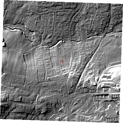 Shaded relief map of the ground around TN394PS, computed from Environment Agency LiDAR. The ground here sits at about 12 m above sea level and falls 31 m across the surrounding 800 m. Surface water reaching this point runs off ground lying to the south-east, 9.0 m higher.