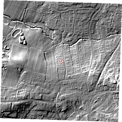 Shaded relief map of the ground around TN394PX, computed from Environment Agency LiDAR. The ground here sits at about 13 m above sea level and falls 22 m across the surrounding 800 m. Surface water reaching this point runs off ground lying to the south, 3.3 m higher.