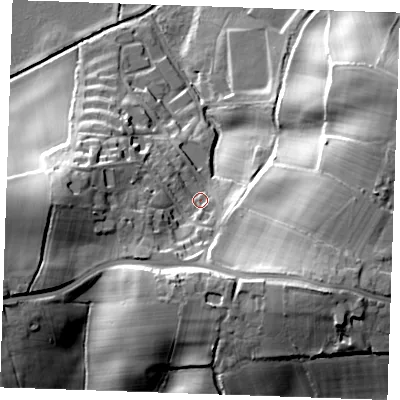 Shaded relief map of the ground around TN394QN, computed from Environment Agency LiDAR. The ground here sits at about 12 m above sea level and falls 31 m across the surrounding 800 m. Surface water reaching this point runs off ground lying to the south-south-west, 18.6 m higher.