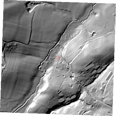 Shaded relief map of the ground around TN394RE, computed from Environment Agency LiDAR. The ground here sits at about 9 m above sea level and falls 33 m across the surrounding 800 m. Surface water reaching this point runs off ground lying to the east, 21.4 m higher.