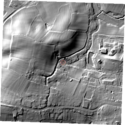 Shaded relief map of the ground around TN394RH, computed from Environment Agency LiDAR. The ground here sits at about 14 m above sea level and falls 29 m across the surrounding 800 m. Surface water reaching this point runs off ground lying to the south-west, 17.0 m higher.