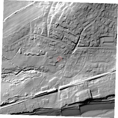 Shaded relief map of the ground around TN394TR, computed from Environment Agency LiDAR. The ground here sits at about 7 m above sea level and falls 29 m across the surrounding 800 m. Surface water reaching this point runs off ground lying to the north, 6.7 m higher.