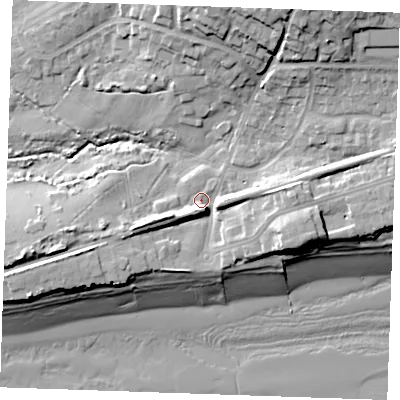 Shaded relief map of the ground around TN394TT, computed from Environment Agency LiDAR. The ground here sits at about 5 m above sea level and falls 24 m across the surrounding 800 m. Surface water reaching this point runs off ground lying to the north-north-east, 15.9 m higher.