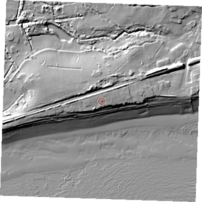 Shaded relief map of the ground around TN394TX, computed from Environment Agency LiDAR. The ground here sits at about 9 m above sea level and falls 15 m across the surrounding 800 m. Surface water reaching this point runs off ground lying to the north, 1.6 m higher.