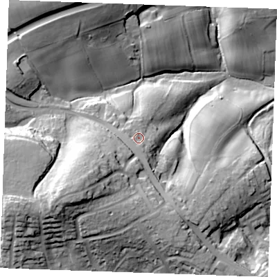 Shaded relief map of the ground around TN395DD, computed from Environment Agency LiDAR. The ground here sits at about 44 m above sea level and falls 45 m across the surrounding 800 m. Surface water reaching this point runs off ground lying to the south, 4.1 m higher.