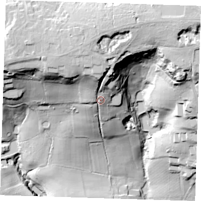 Shaded relief map of the ground around TN39JH, computed from Environment Agency LiDAR. The ground here sits at about 109 m above sea level and falls 68 m across the surrounding 800 m. Surface water reaching this point runs off ground lying to the north, 28.0 m higher.
