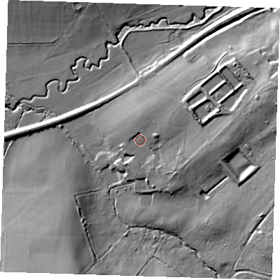 Shaded relief map of the ground around TN39JN, computed from Environment Agency LiDAR. The ground here sits at about 56 m above sea level and falls 27 m across the surrounding 800 m. Surface water reaching this point runs off ground lying to the east-north-east, 5.6 m higher.