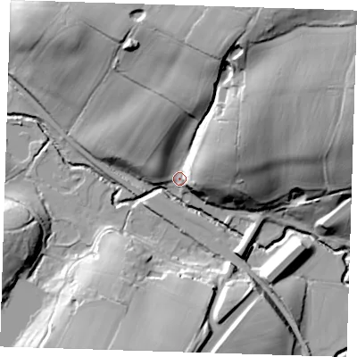 Shaded relief map of the ground around TN39LB, computed from Environment Agency LiDAR. The ground here sits at about 57 m above sea level and falls 46 m across the surrounding 800 m. Surface water reaching this point runs off ground lying to the north-north-east, 40.5 m higher.