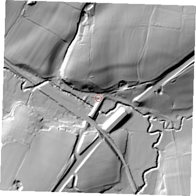 Shaded relief map of the ground around TN39LE, computed from Environment Agency LiDAR. The ground here sits at about 57 m above sea level and falls 48 m across the surrounding 800 m. Surface water reaching this point runs off ground lying to the north, 30.3 m higher.