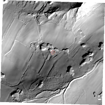 Shaded relief map of the ground around TN39LJ, computed from Environment Agency LiDAR. The ground here sits at about 96 m above sea level and falls 57 m across the surrounding 800 m. Surface water reaching this point runs off ground lying to the west, 21.1 m higher.