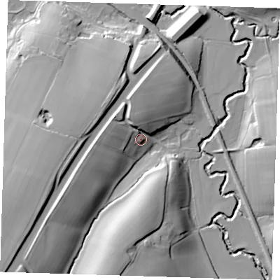 Shaded relief map of the ground around TN39LL, computed from Environment Agency LiDAR. The ground here sits at about 64 m above sea level and falls 40 m across the surrounding 800 m. Surface water reaching this point runs off ground lying to the west-north-west, 11.7 m higher.