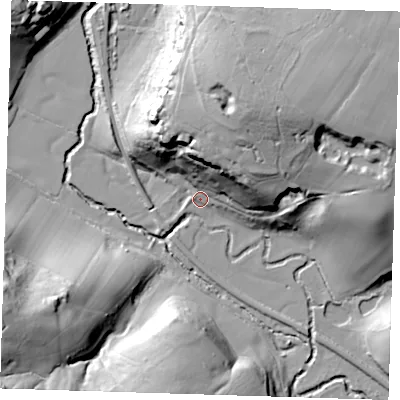 Shaded relief map of the ground around TN39PL, computed from Environment Agency LiDAR. The ground here sits at about 51 m above sea level and falls 40 m across the surrounding 800 m. Surface water reaching this point runs off ground lying to the north-north-east, 30.6 m higher.