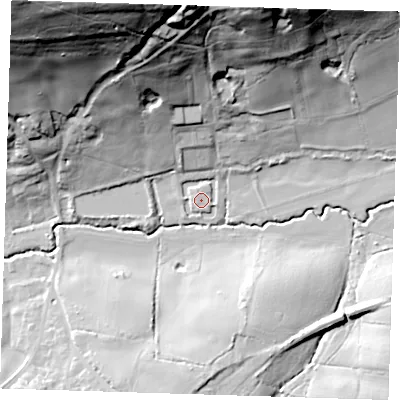 Shaded relief map of the ground around TN39QG, computed from Environment Agency LiDAR. The ground here sits at about 46 m above sea level and falls 68 m across the surrounding 800 m. Surface water reaching this point runs off ground lying to the north-north-west, 60.5 m higher.