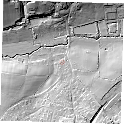 Shaded relief map of the ground around TN39QL, computed from Environment Agency LiDAR. The ground here sits at about 46 m above sea level and falls 32 m across the surrounding 800 m. Surface water reaching this point runs off ground lying to the south-east, 3.9 m higher.