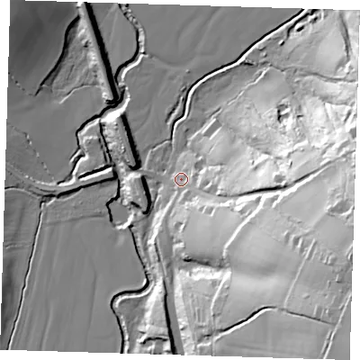 Shaded relief map of the ground around TN39TH, computed from Environment Agency LiDAR. The ground here sits at about 40 m above sea level and falls 57 m across the surrounding 800 m. Surface water reaching this point runs off ground lying to the east-south-east, 53.3 m higher.