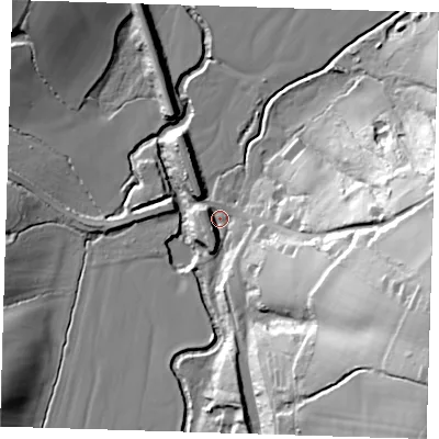 Shaded relief map of the ground around TN39TW, computed from Environment Agency LiDAR. The ground here sits at about 38 m above sea level and falls 53 m across the surrounding 800 m. Surface water reaching this point runs off ground lying to the south-east, 16.7 m higher.