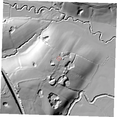 Shaded relief map of the ground around TN39TX, computed from Environment Agency LiDAR. The ground here sits at about 49 m above sea level and falls 25 m across the surrounding 800 m. Surface water reaching this point runs off ground lying to the south-west, 5.3 m higher.