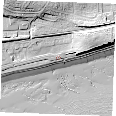Shaded relief map of the ground around TN401AY, computed from Environment Agency LiDAR. The ground here sits at about 8 m above sea level and falls 32 m across the surrounding 800 m. Surface water reaching this point runs off ground lying to the north-west, 21.4 m higher.