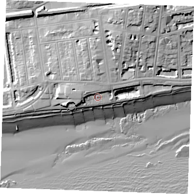 Shaded relief map of the ground around TN401BN, computed from Environment Agency LiDAR. The ground here sits at about 7 m above sea level and falls 22 m across the surrounding 800 m. Surface water reaching this point runs off ground lying to the north-west, 3.8 m higher.