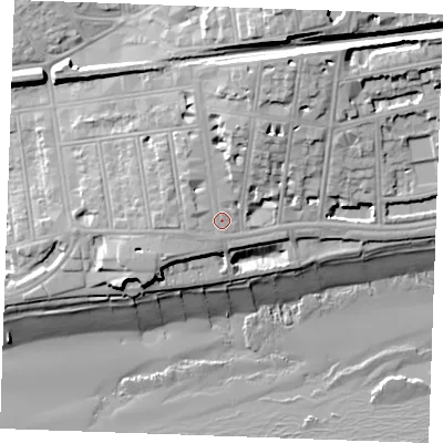 Shaded relief map of the ground around TN401HB, computed from Environment Agency LiDAR. The ground here sits at about 10 m above sea level and falls 25 m across the surrounding 800 m. Surface water reaching this point runs off ground lying to the north-north-east, 8.9 m higher.