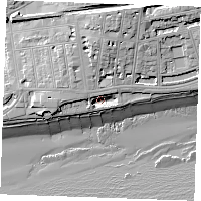 Shaded relief map of the ground around TN401JS, computed from Environment Agency LiDAR. The ground here sits at about 5 m above sea level and falls 23 m across the surrounding 800 m. Surface water reaching this point runs off ground lying to the west-north-west, 6.7 m higher.
