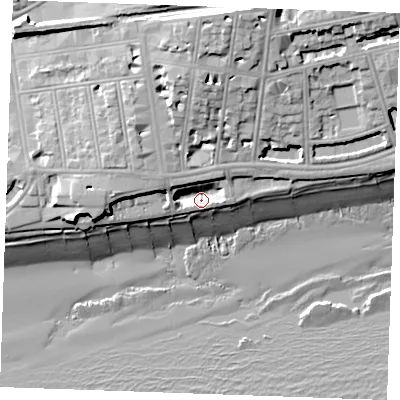 Shaded relief map of the ground around TN401JT, computed from Environment Agency LiDAR. The ground here sits at about 5 m above sea level and falls 22 m across the surrounding 800 m. Surface water reaching this point runs off ground lying to the west-north-west, 6.7 m higher.