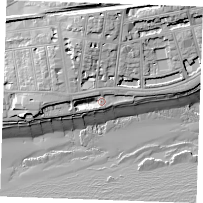 Shaded relief map of the ground around TN401JU, computed from Environment Agency LiDAR. The ground here sits at about 7 m above sea level and falls 24 m across the surrounding 800 m. Surface water reaching this point runs off ground lying to the west, 6.7 m higher.