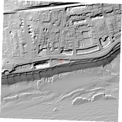 Shaded relief map of the ground around TN401LA, computed from Environment Agency LiDAR. The ground here sits at about 6 m above sea level and falls 24 m across the surrounding 800 m. Surface water reaching this point runs off ground lying to the west-north-west, 2.7 m higher.